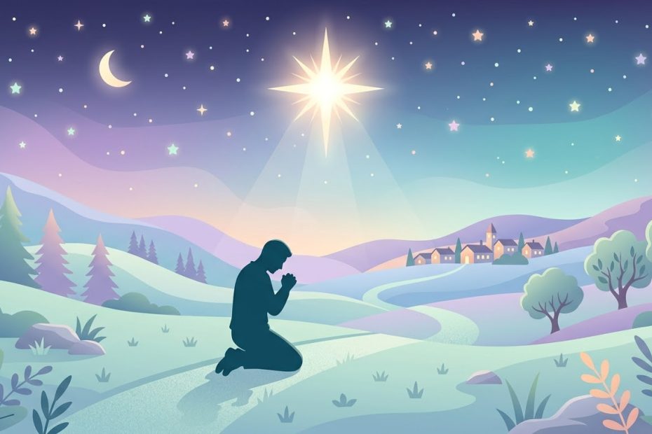Primo Giorno: L'Apparizione della Speranza - una stella luminosa che guida una sagoma in preghiera in un paesaggio notturno dai toni pastello